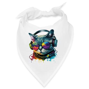 Katze Sonnenbrille Kopfhörer Splash Bunt Tier - Bandana - Weiß - Vorne