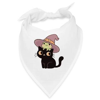 Schwarze Katze im Hexenhut mit Frosch  - Bandana - Weiß - Vorne