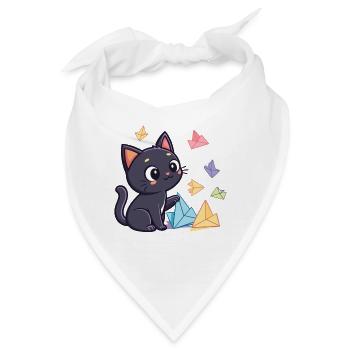 Schwarze Origami-Katze und Papierkraniche - Bandana - Weiß - Vorne