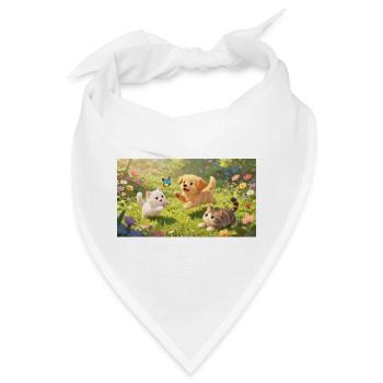 Niedlicher Hund und Katzenbaby toben im Blumenfeld - Bandana - Weiß - Vorne