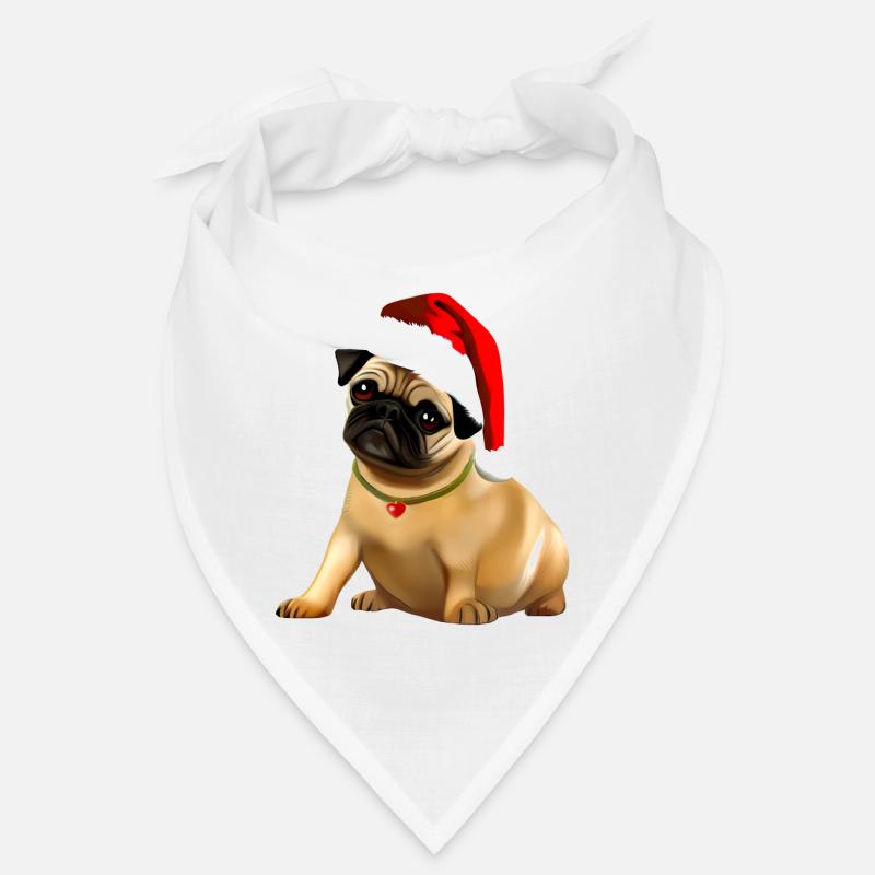 Mops Welpe sitzt mit Weihnachtsmannmütze - Bandana - Weiß