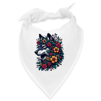Wolf Mit Blumen Buntes Tiermotiv Grauwolf Blüten - Bandana - Weiß - Vorne