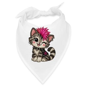 Punk Katze mit pinkem Iro – Stickmotiv Optik - Bandana - Weiß - Vorne