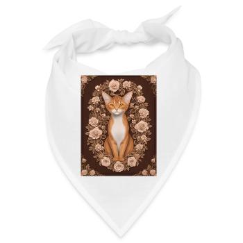 Holzschnitt einer Katze mit Rosenkranz - Bandana - Weiß - Vorne