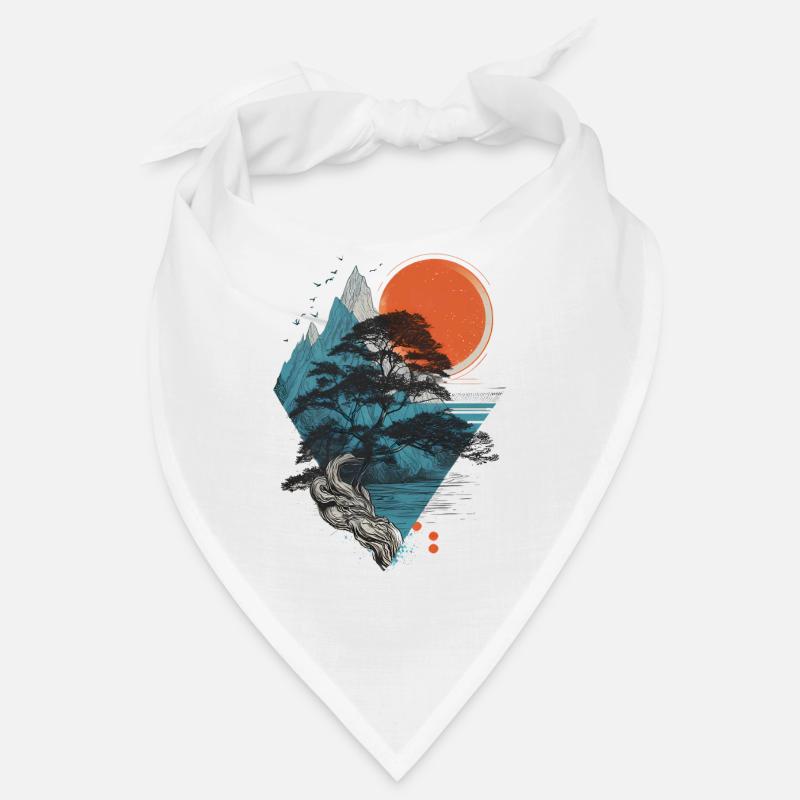 Mountain landscape with tree and red sun Bandana