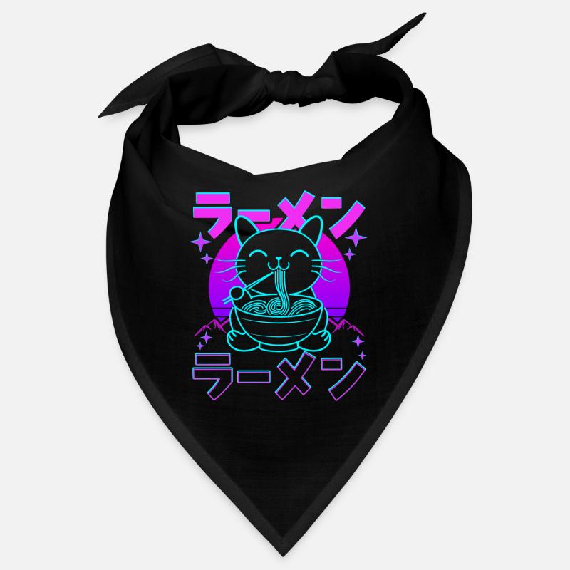 Rétro Kawaii Chat Mangeant Ramen Bandana