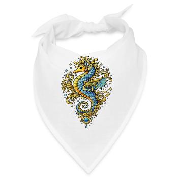 Blau-Gold-Barock-Seepferdchen – Marine-Illustration - Bandana - Weiß - Vorne
