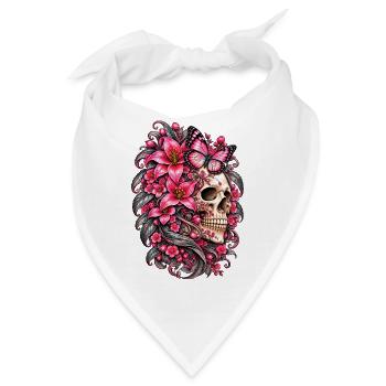 Totenkopffrau, Schädel, Schmetterlingsblüten, rosa Lilien - Bandana - Weiß - Vorne
