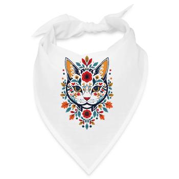 Blumenkatze im Folk-Art Stil - Bandana - Weiß - Vorne