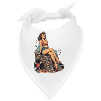 Retro Pin-Up auf riesigem Schallplatten-Stapel - Bandana - Weiß - Vorne