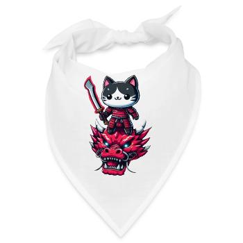 Samurai-Katze mit Schwert auf Drache in epischem 3D-Effekt - Bandana - Weiß - Vorne