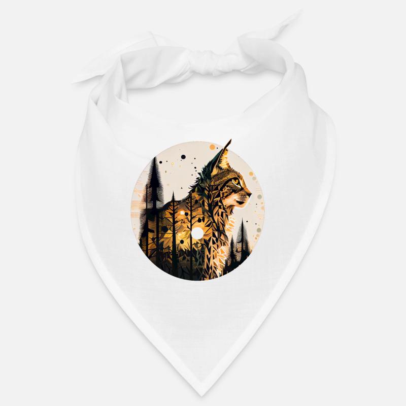 Luchs mit Mond im Wald mit Muster - Bandana - Weiß