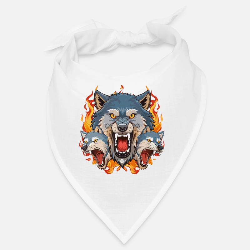 01 Bad Wolf Pack Wolves Head Fire Flames - Bandana - white