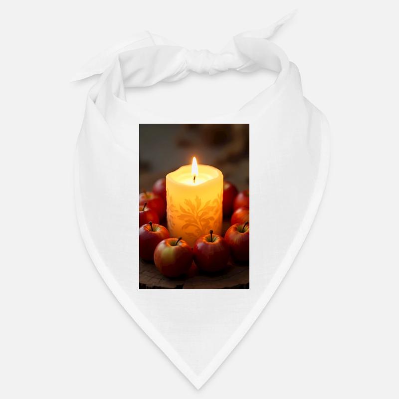 Burning candle with apples on rustic wood Bandana