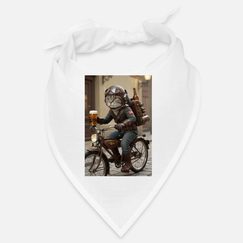 Reisekatze auf einem Motorrad mit Bier Bandana
