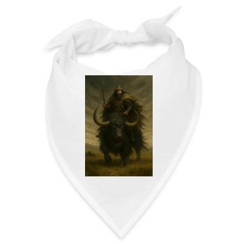 Uralter Krieger auf einem mächtigen schwarzen Yak - Bandana - Weiß - Vorne