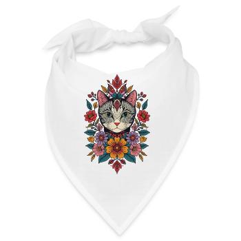 Katzenkopf im Blumenkranz - Bandana - Weiß - Vorne