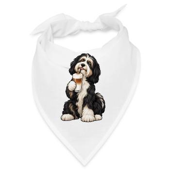 Tibet Terrier mit Latte Macchiato – Kaffeepause - Bandana - Weiß - Vorne