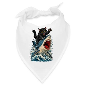 Angry Black Cat Riding a Great White Shark - Bandana - Weiß - Vorne