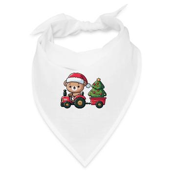 Teddy als Weihnachtsmann mit Traktor und Hänger - Bandana - Weiß - Vorne