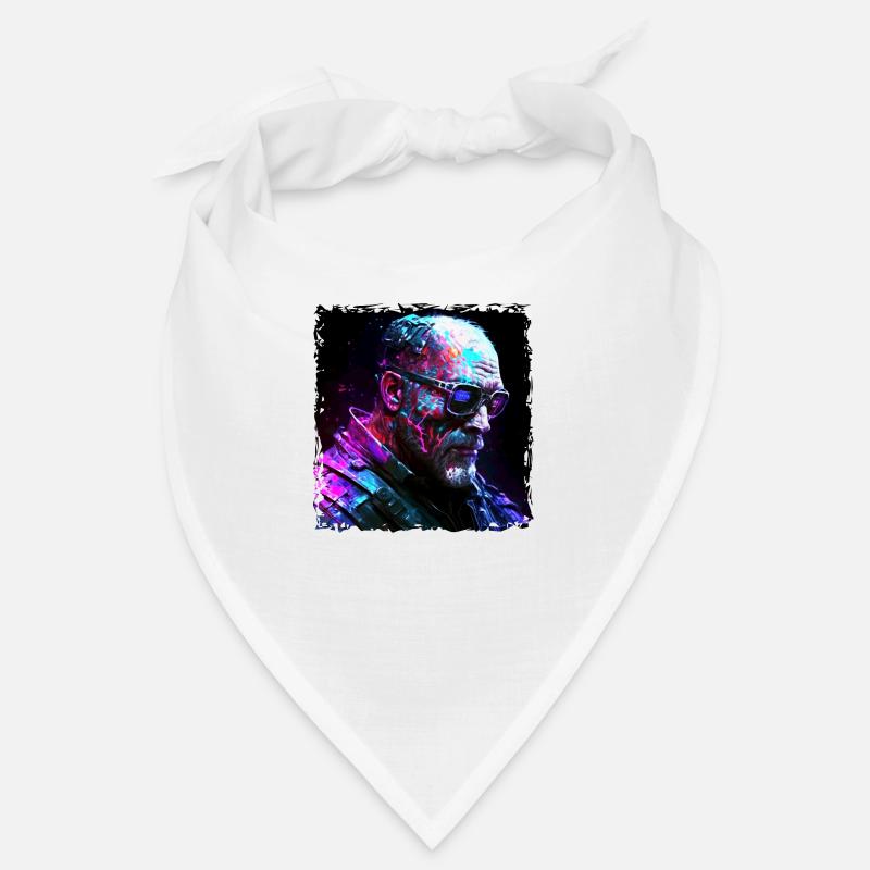 Old high-tech cyborg or android in neon light Bandana