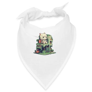 Kleine niedliche Katzenfigur, die auf einem kleinen Build sitzt - Bandana - Weiß - Vorne