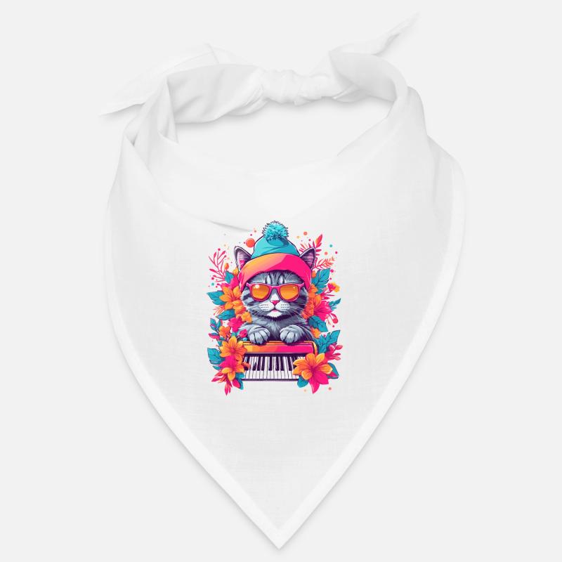 Chat mignon avec piano - Bandana - blanc