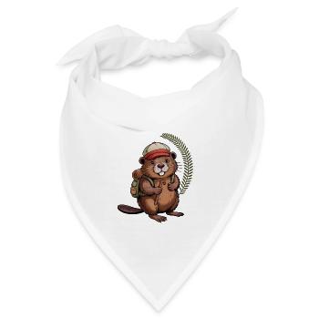 Lustiger Biber mit Wanderstöcken und Rucksack - Bandana - Weiß - Vorne