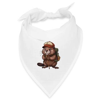 Lustiger Biber mit Wanderstöcken und Rucksack - Bandana - Weiß - Vorne