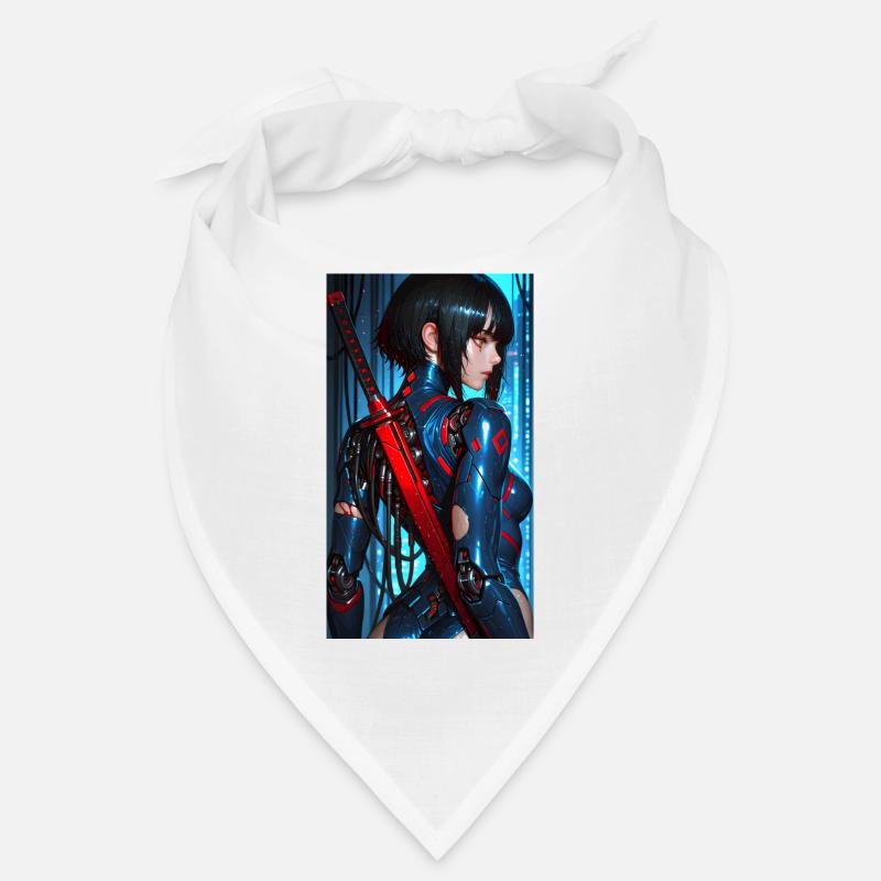 3D Blau/Rot Cyberpunk-Samurai-Kriegerin mit Katana Bandana