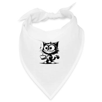 Katze grinsend mit heisser Kaffee Tasse - Bandana - Weiß - Vorne