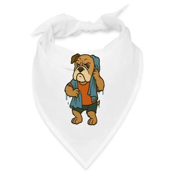 Nasses Bulldoggen-Maskottchen trocknet mit großem Handtuch - Bandana - Weiß - Vorne