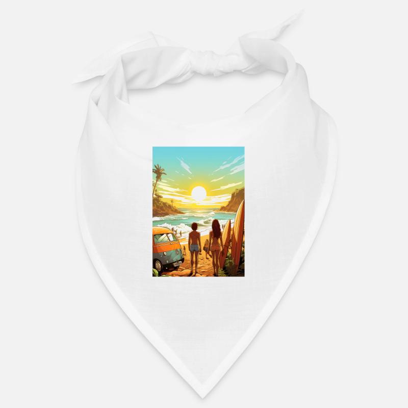 Scène de plage avec planche de surf - Bandana - blanc