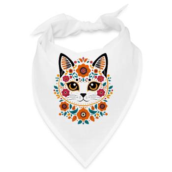 Blumenkatze im Folk-Art Stil - Bandana - Weiß - Vorne