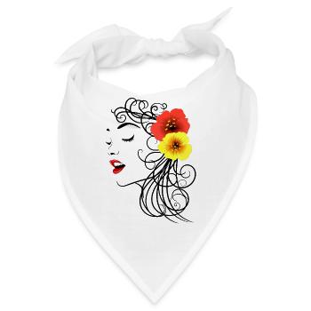 Frau mit roten und gelben Hibiskusblüten - Bandana - Weiß - Vorne