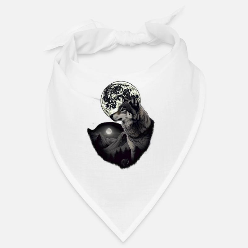 Wald mit Vollmond und grauem Wolf wildes Tier - Bandana - Weiß