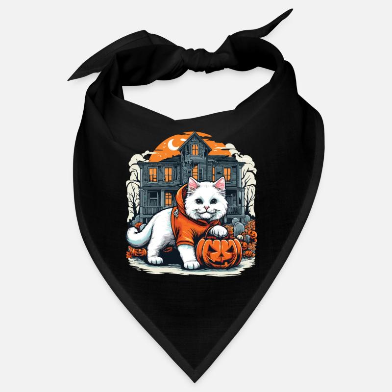 Halloween weiße Katze im Kapuzenpullover mit Spukhaus Bandana