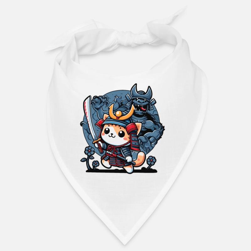 Samurai ninja cat and Monster behind - Bandana - white