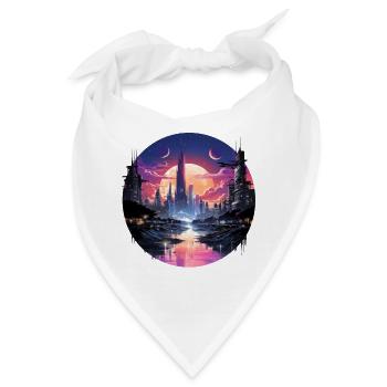 Futuristisches Cyberpunk Stadtbild, Synthwave Stil - Bandana - Weiß - Vorne