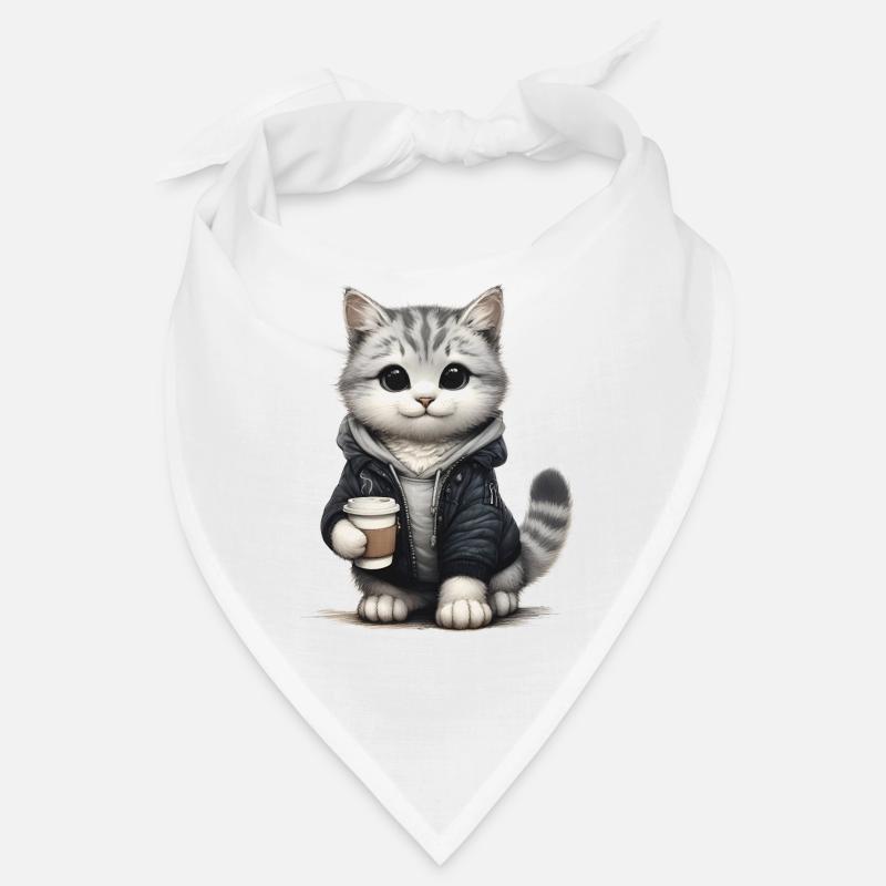 Süße kleine Katze mit Kaffeebecher und Jacke Bandana