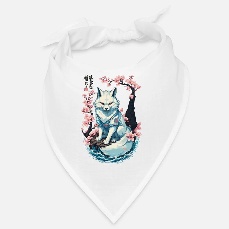 White Kitsune Fox Japanese Cherry Blossoms Bandana