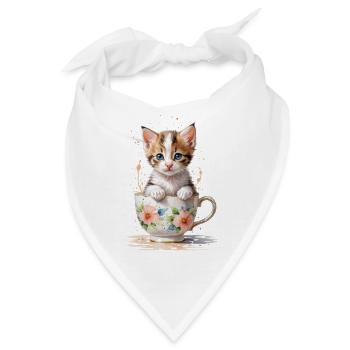 Entzückendes Kätzchen in einer geblümten Teetasse - Bandana - Weiß - Vorne