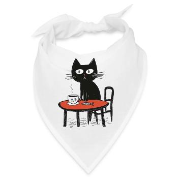 Naive Katze mit Kaffee und Fisch am Tisch - Bandana - Weiß - Vorne