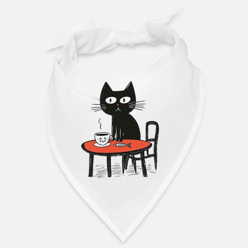 Chat naïf avec du café et du poisson à table Bandana