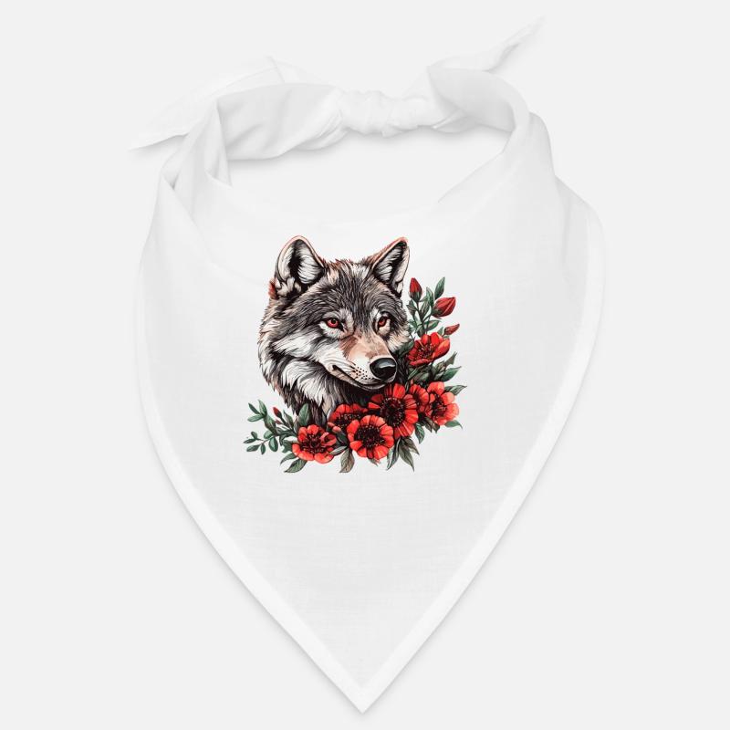 Visage de loup avec des fleurs rouges Bandana