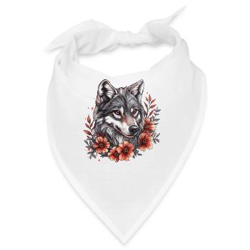 Wolfskopf mit Blumenring - Bandana - Weiß - Vorne