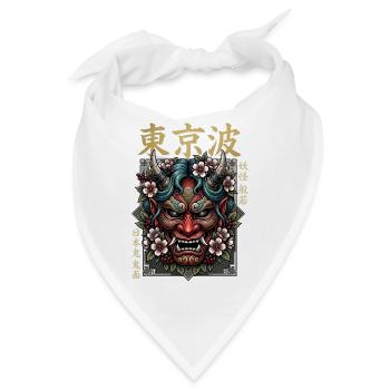 Japanische Dämonenmaske mit Blumenschmuck - Bandana - Weiß - Vorne