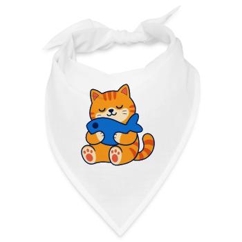 Orangefarbene getigerte Katze umarmt ein Fischkissen - Bandana - Weiß - Vorne