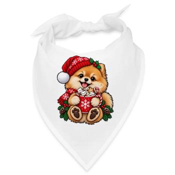 Zwergspitz mit Wintermütze & heißem Kakao - Bandana - Weiß - Vorne