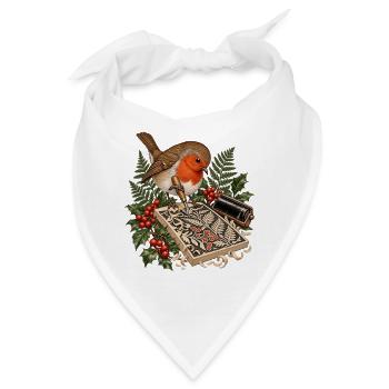Rotkehlchen beim botanischen Linolschnitt - Bandana - Weiß - Vorne
